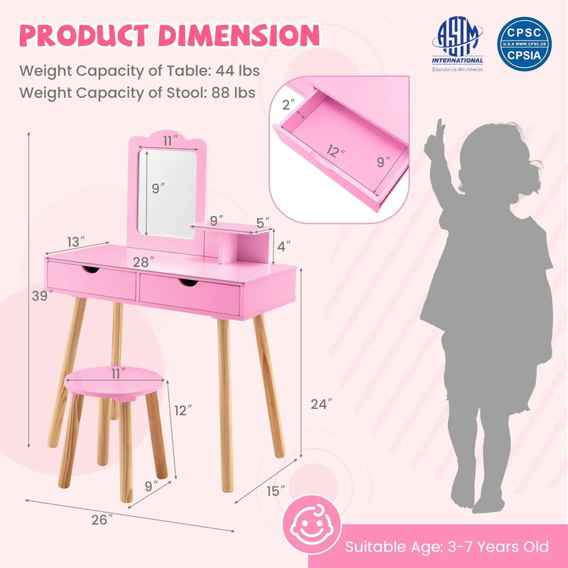 Kid Vanity Table Chair Set with Mirror and 2 Large Storage Drawers by DirectDeals