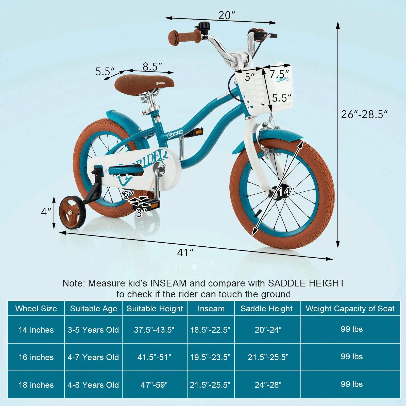 14 Inch Kid's Bike with Removable Training Wheels and Basket-Blue by DirectDeals