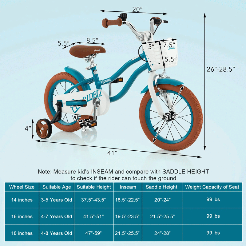 14 Inch Kid's Bike with Removable Training Wheels and Basket-Blue by DirectDeals