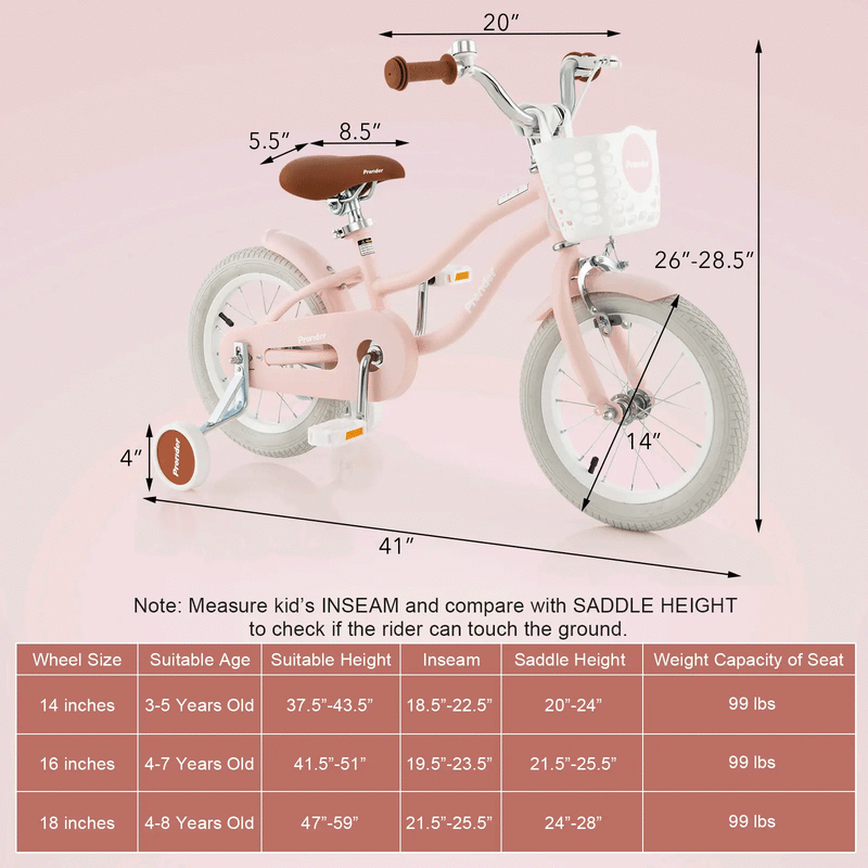 14 Inch Kid's Bike with Removable Training Wheels and Basket-Pink by DirectDeals