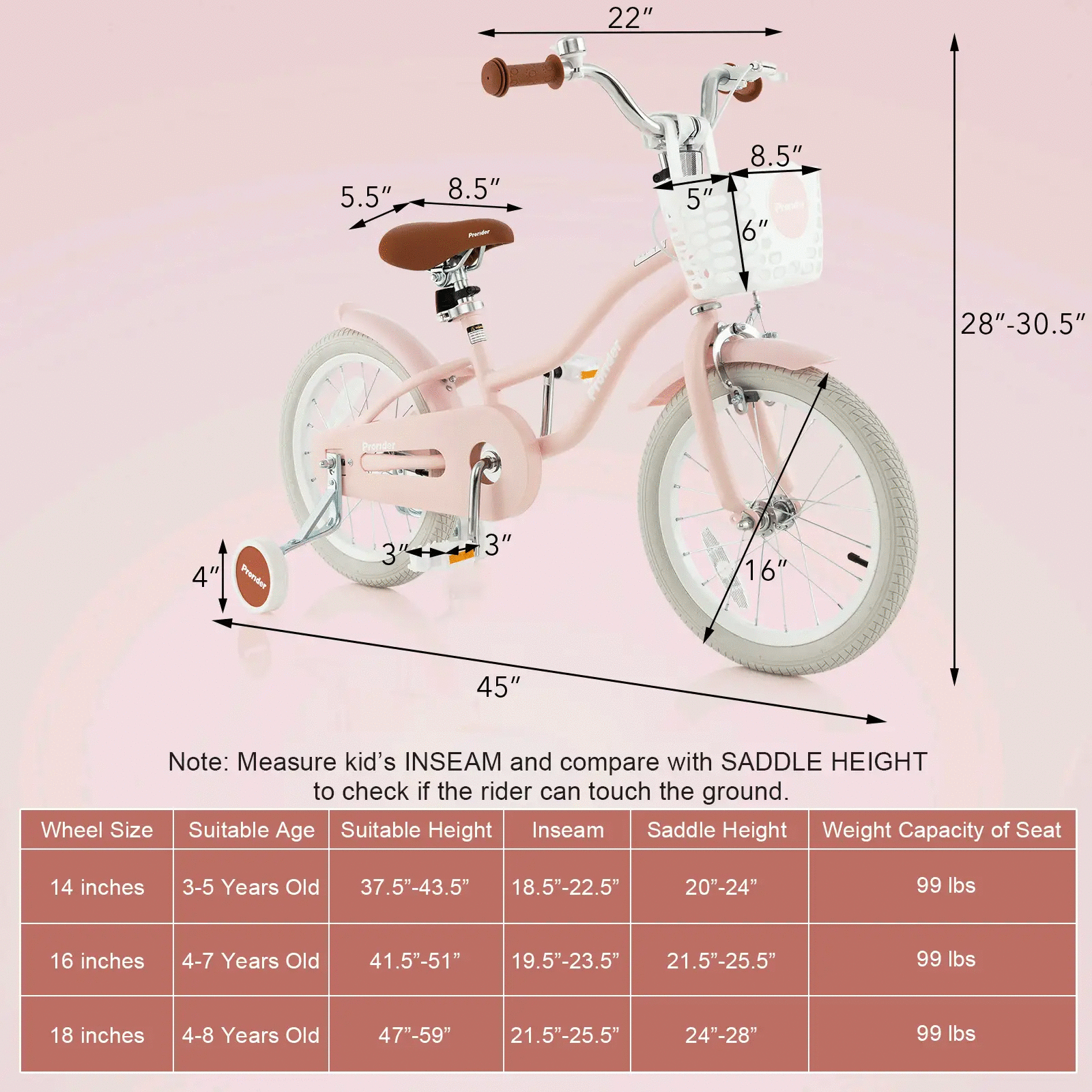16 Inch Kids Bike with Front Handbrake and 2 Training Wheels-Pink by DirectDeals