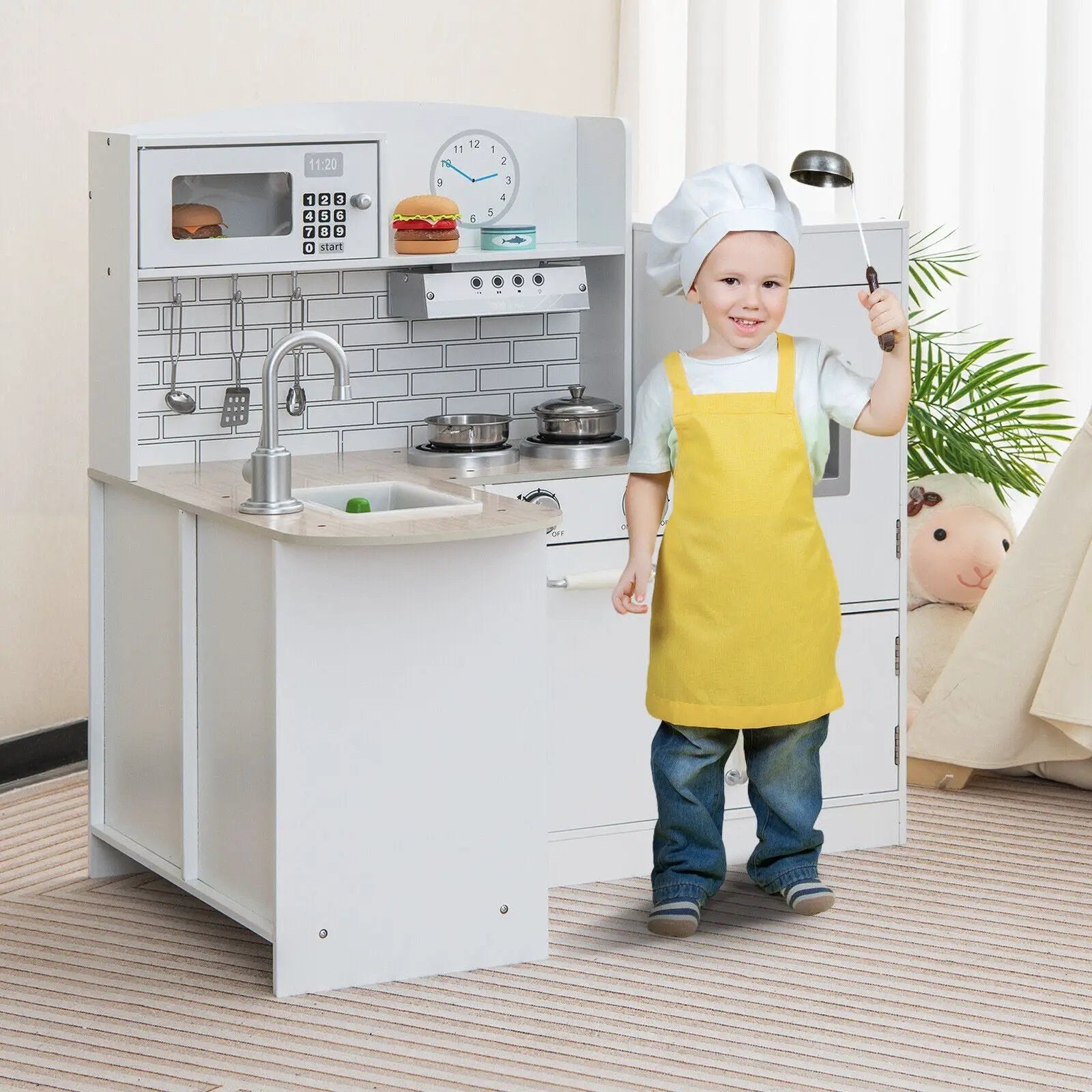 Kids Kitchen Playset Conor Kitchen Toy with Realistic Microwave and Oven Stove-White by DirectDeals