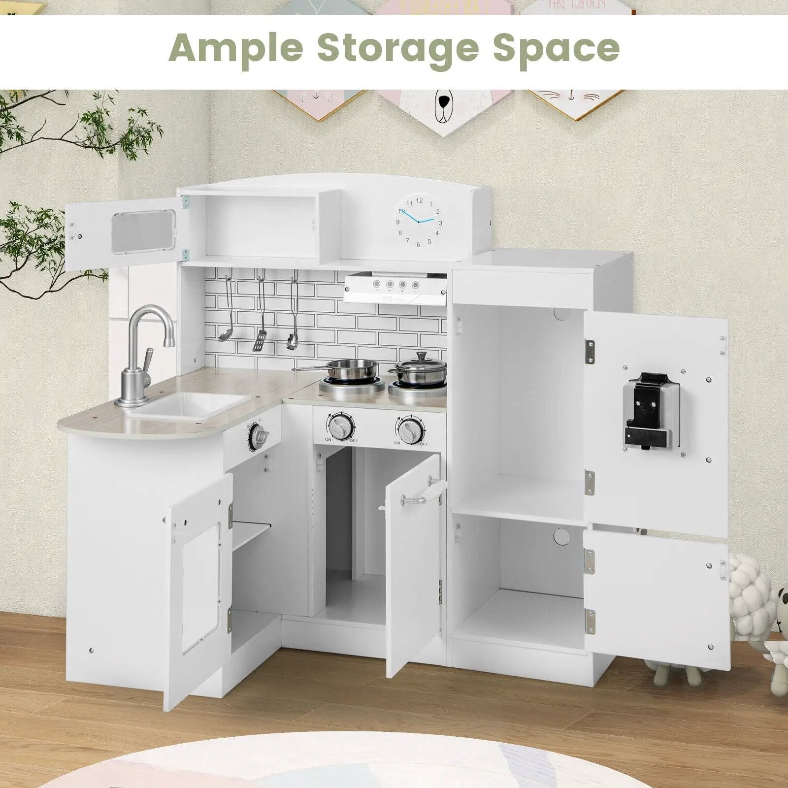 Kids Kitchen Playset Conor Kitchen Toy with Realistic Microwave and Oven Stove-White by DirectDeals