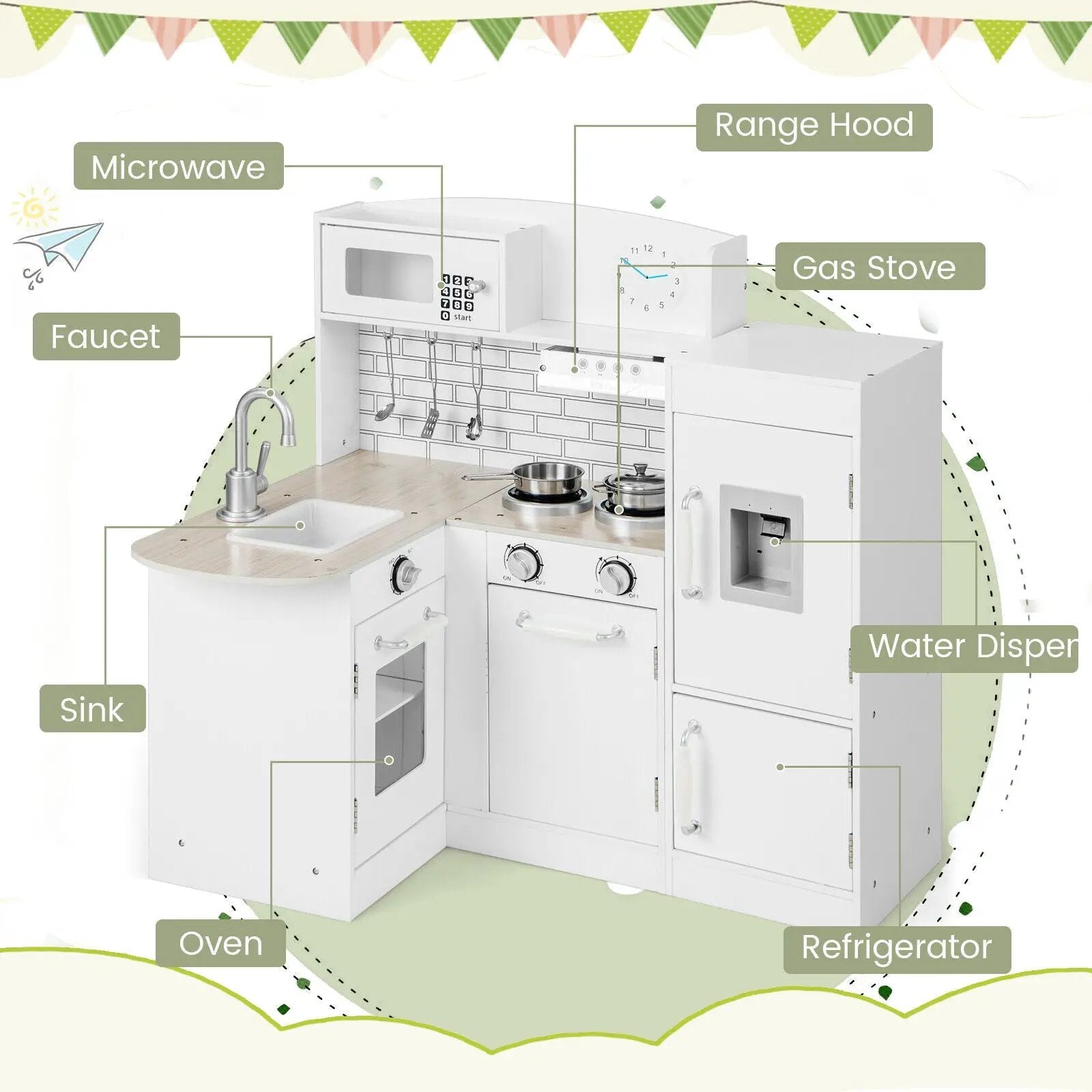 Kids Kitchen Playset Conor Kitchen Toy with Realistic Microwave and Oven Stove-White by DirectDeals