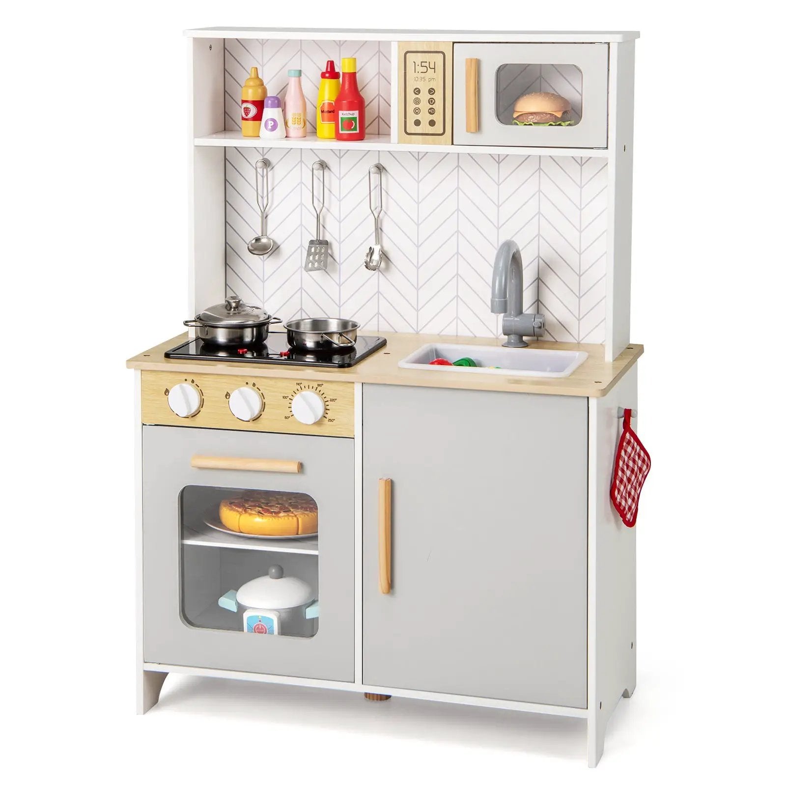 Kids Kitchen Playset with Lights Sounds Microwave Stoves Sink Oven and Cooking Accessories-White by DirectDeals