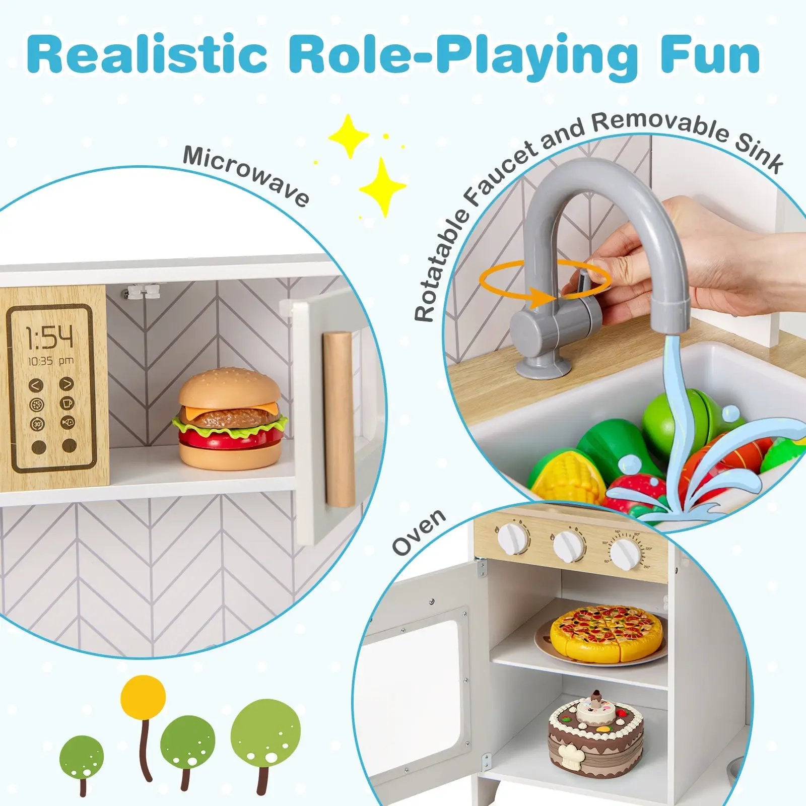 Kids Kitchen Playset with Lights Sounds Microwave Stoves Sink Oven and Cooking Accessories-White by DirectDeals