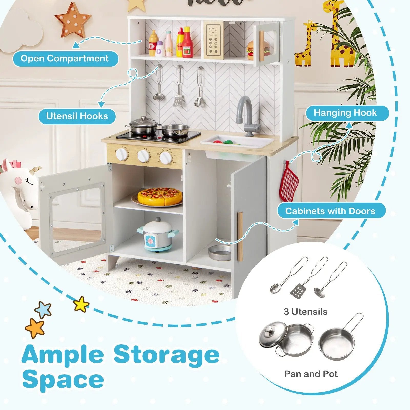 Kids Kitchen Playset with Lights Sounds Microwave Stoves Sink Oven and Cooking Accessories-White by DirectDeals