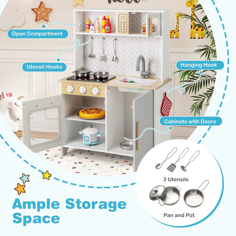 Kids Kitchen Playset with Lights Sounds Microwave Stoves Sink Oven and Cooking Accessories-White by DirectDeals