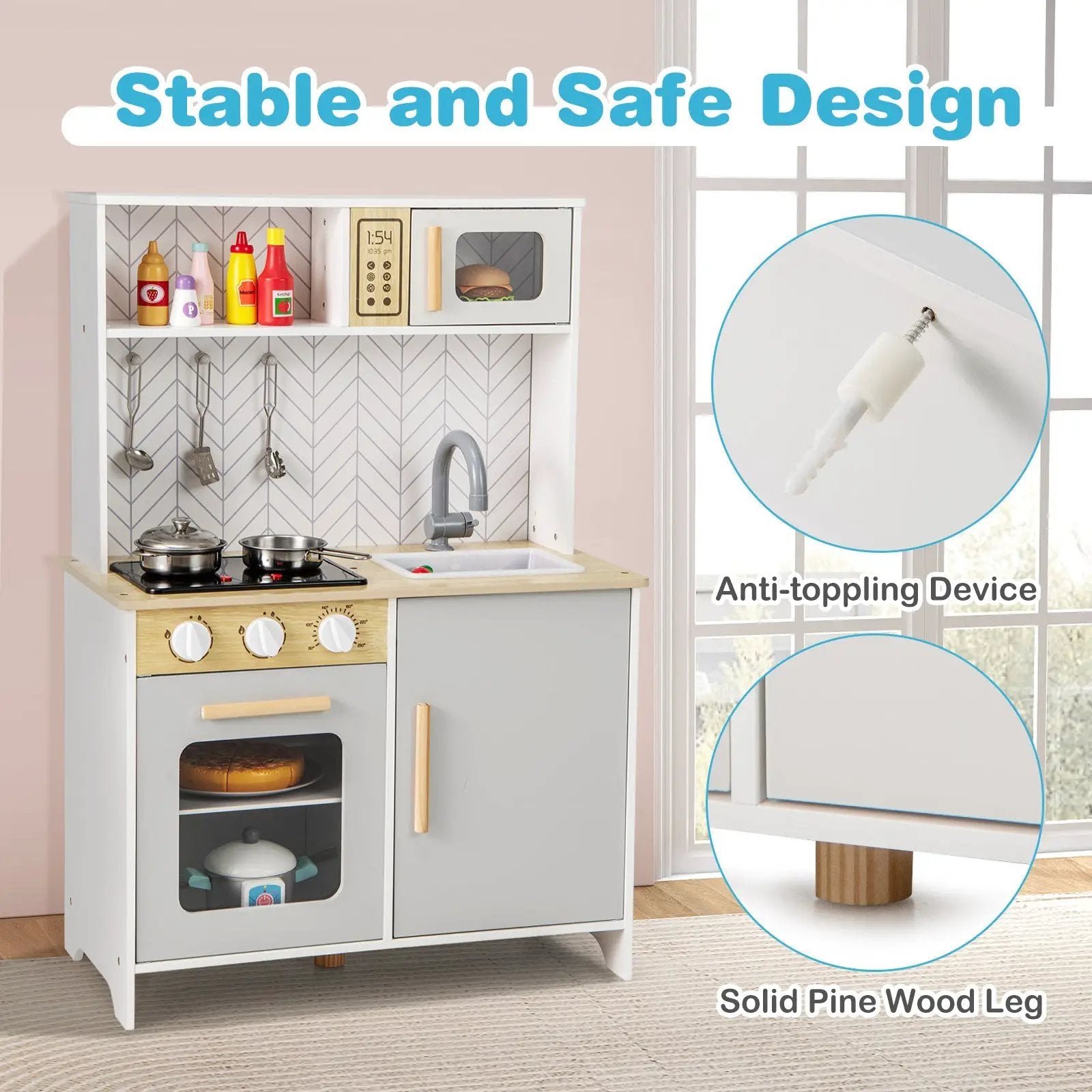 Kids Kitchen Playset with Lights Sounds Microwave Stoves Sink Oven and Cooking Accessories-White by DirectDeals