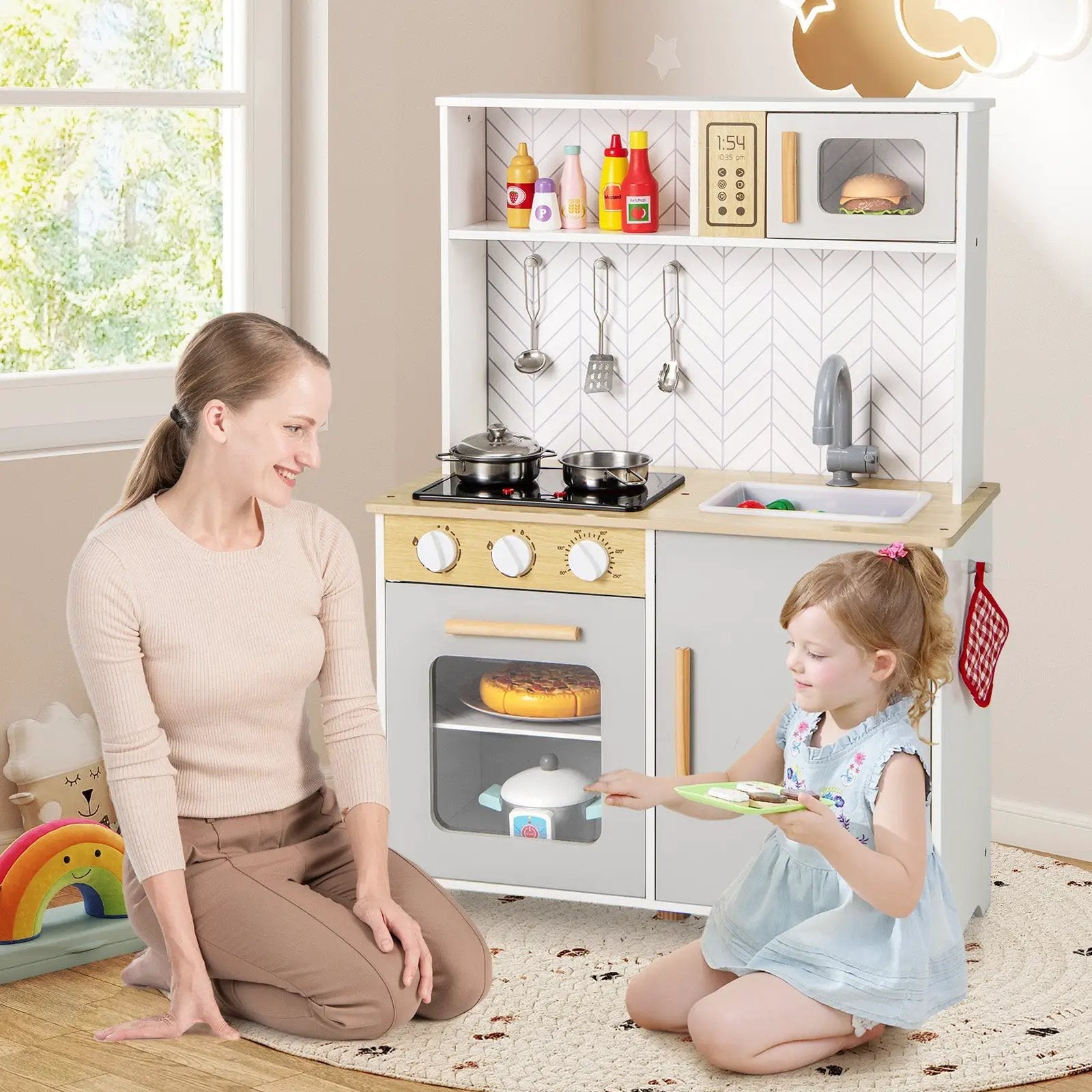 Kids Kitchen Playset with Lights Sounds Microwave Stoves Sink Oven and Cooking Accessories-White by DirectDeals