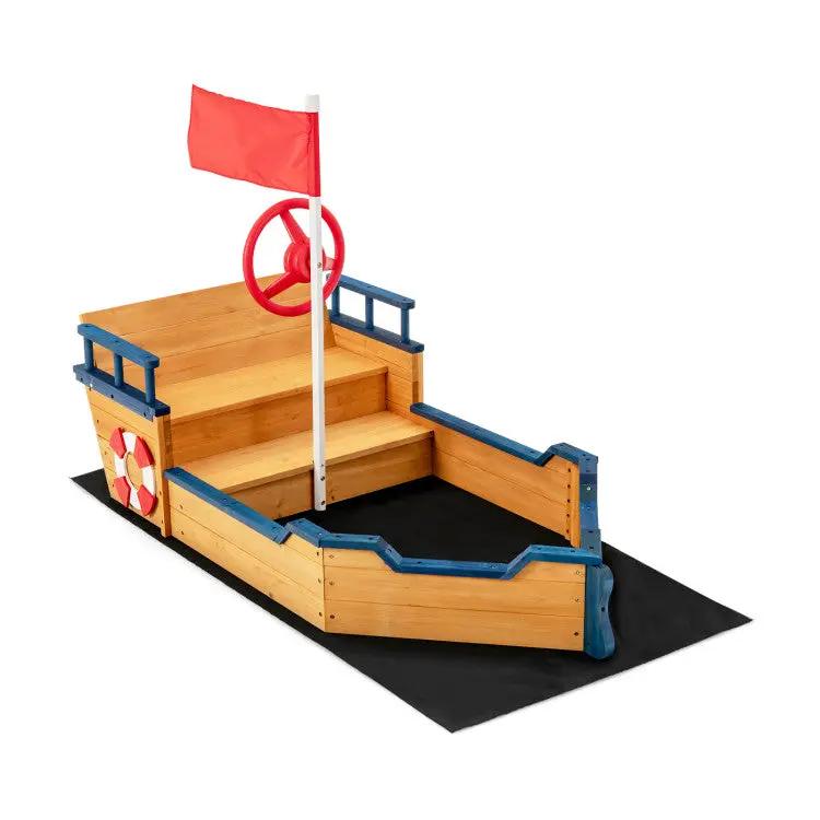 Kids Pirate Boat Wooden Sandbox Children Outdoor Playset by DirectDeals