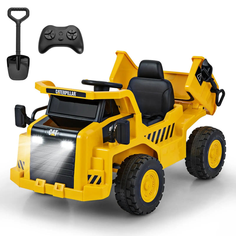 12V Caterpillar Licensed Kids Ride on Dump Truck with Tiltable Bump Bed-Yellow by DirectDeals