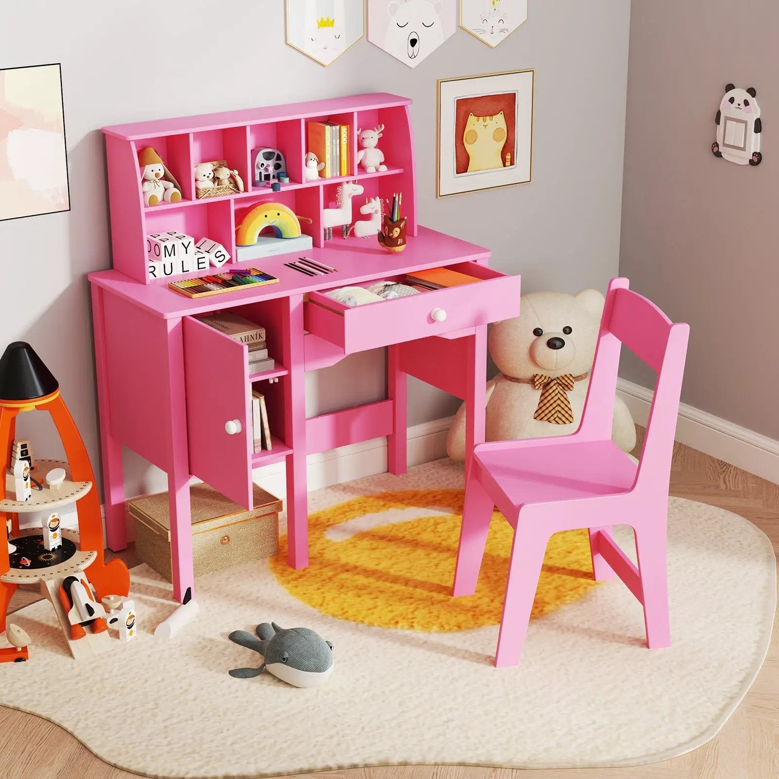 Kids Study Desk and Chair Set with Chair Hutch and Storage Cabinet for 3+ Years Old by DirectDeals