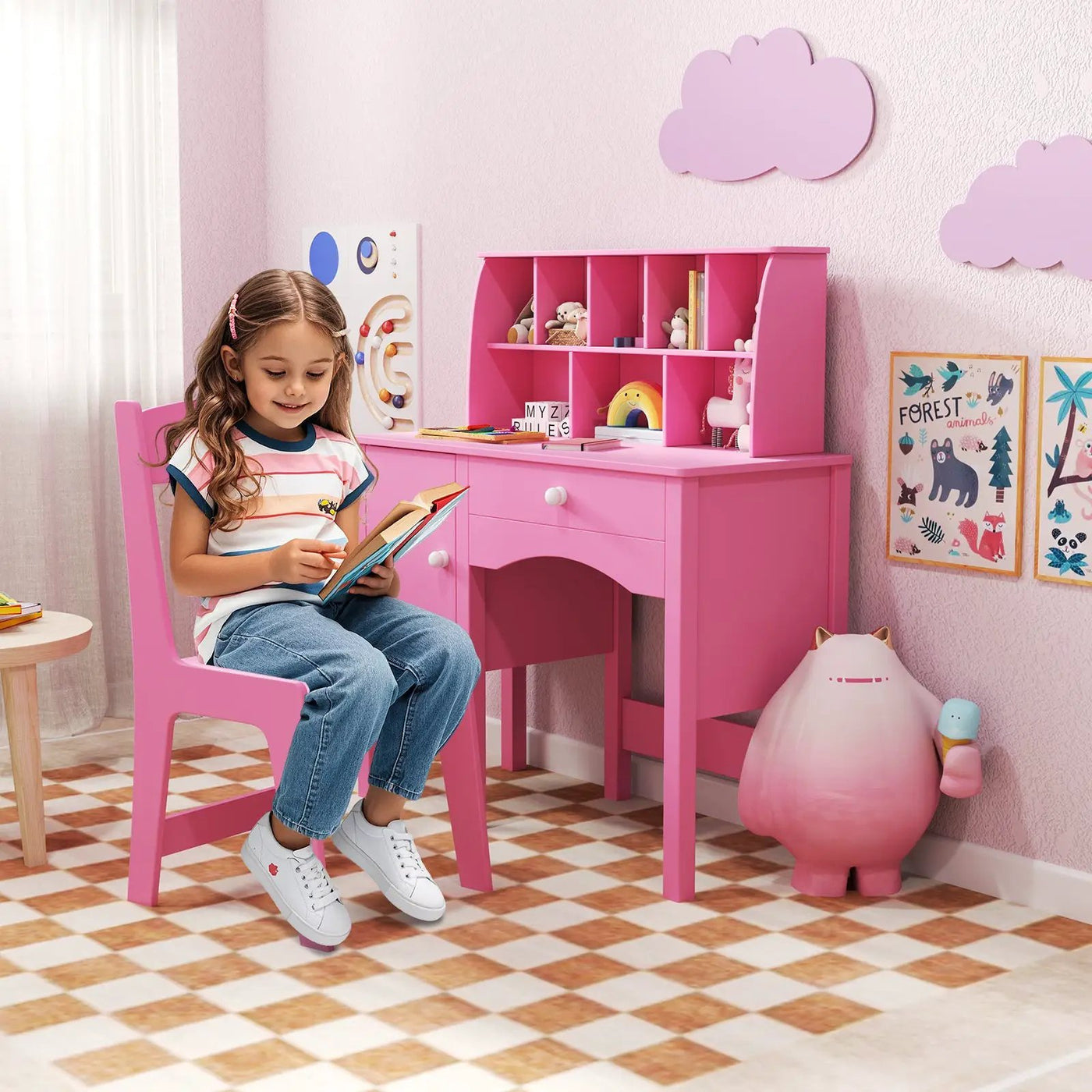 Kids Study Desk and Chair Set with Chair Hutch and Storage Cabinet for 3+ Years Old by DirectDeals