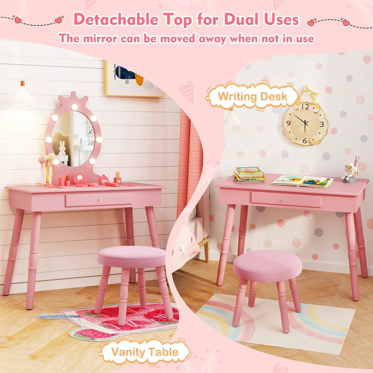 Kids Vanity Set with Lighted Mirror with Adjustable Brightness and Large Drawer by DirectDeals