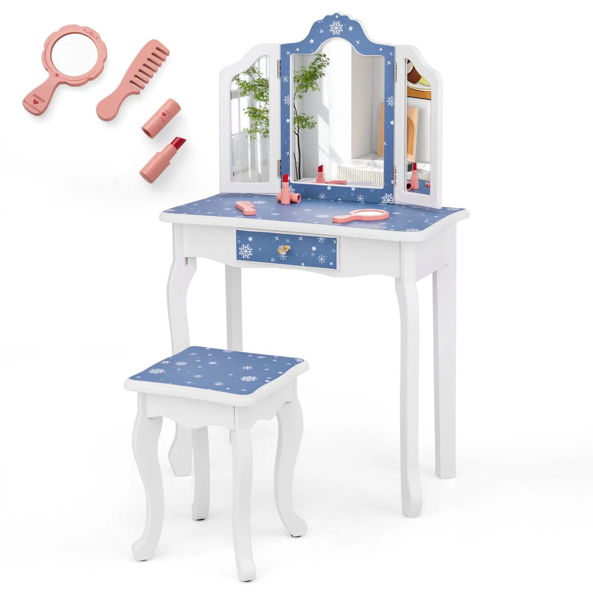 Princess Pretend Play Makeup Table and Stool Set with Tri-folding Mirror by DirectDeals