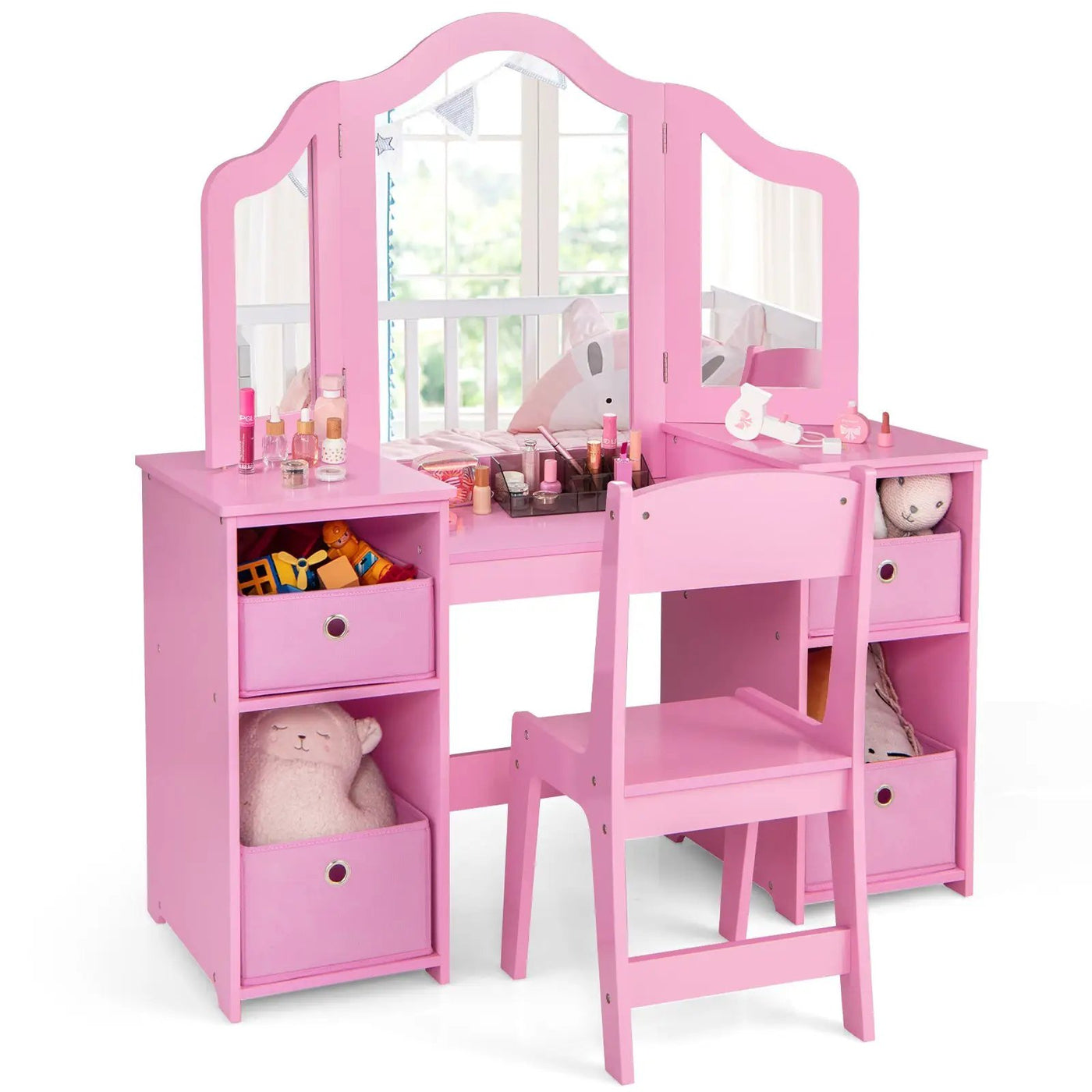 Kids Vanity Table and Chair Set with Removable Mirrors and 4 Storage Bins by DirectDeals