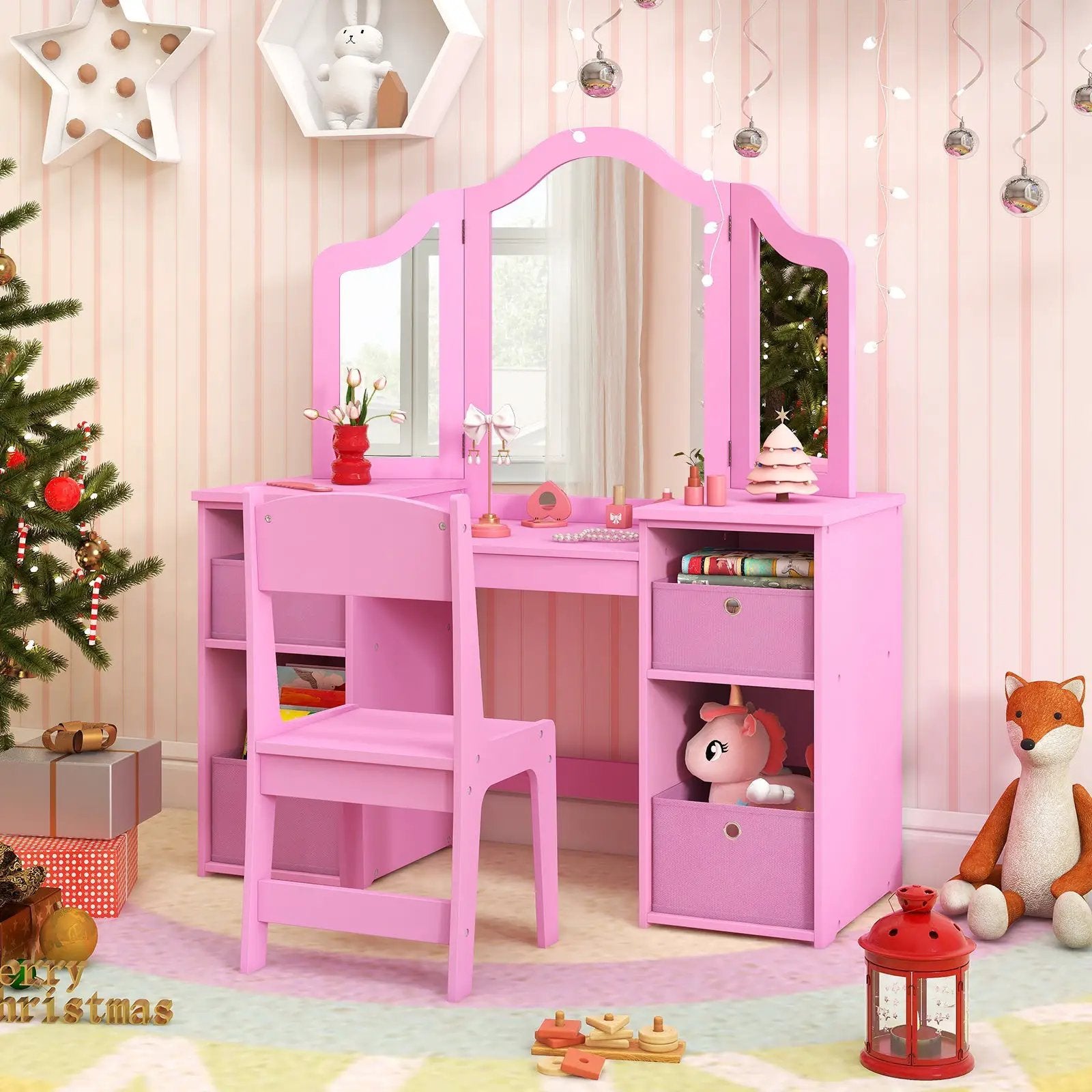 Kids Vanity Table and Chair Set with Removable Mirrors and 4 Storage Bins by DirectDeals