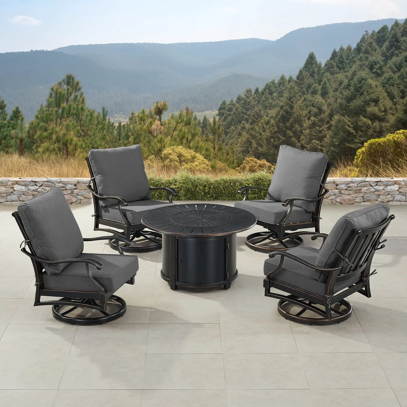 Black Aluminum Fire Table Set with Four Club Chairs by Sharicks