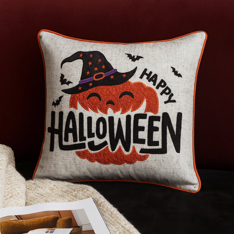 Embroidered Halloween Pumpkin Accent Pillow with Festive Detailing - Neutral