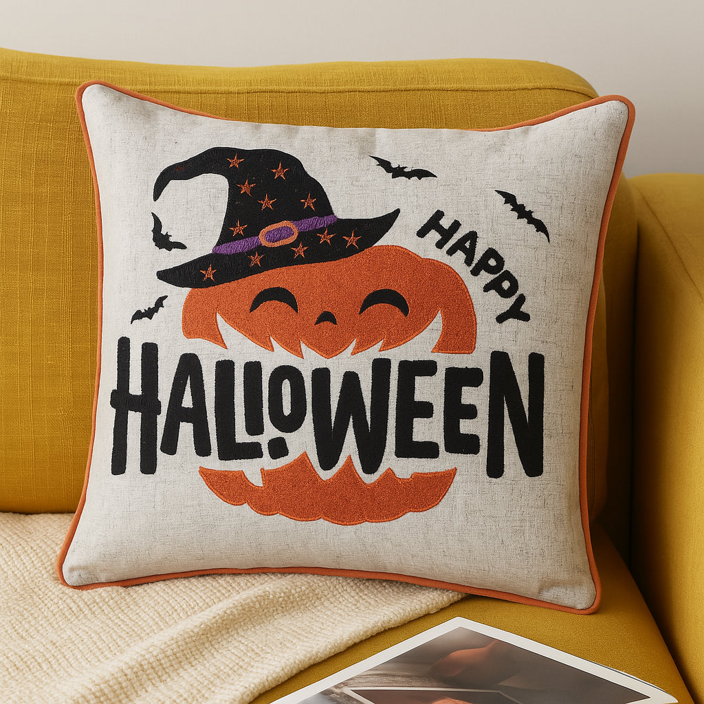 Embroidered Halloween Pumpkin Accent Pillow with Festive Detailing - Neutral, photo 4 of 5