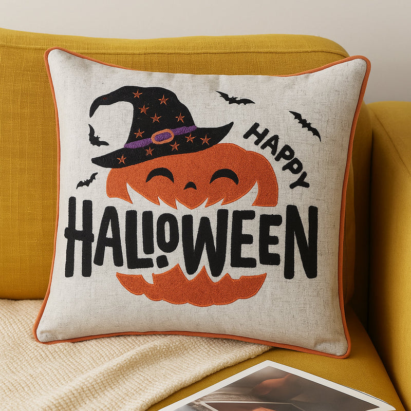 Embroidered Halloween Pumpkin Accent Pillow with Festive Detailing - Neutral, photo 4 of 5