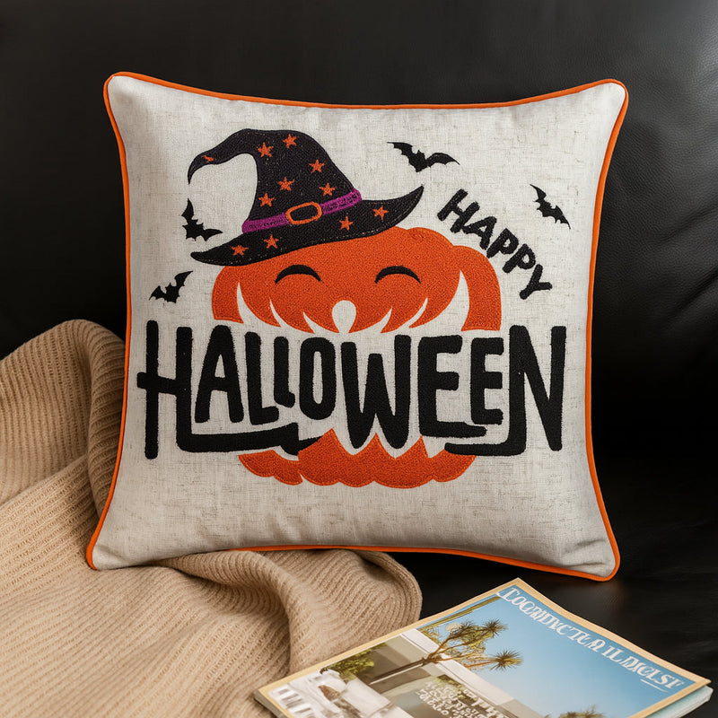 Embroidered Halloween Pumpkin Accent Pillow with Festive Detailing - Neutral, photo 5 of 5