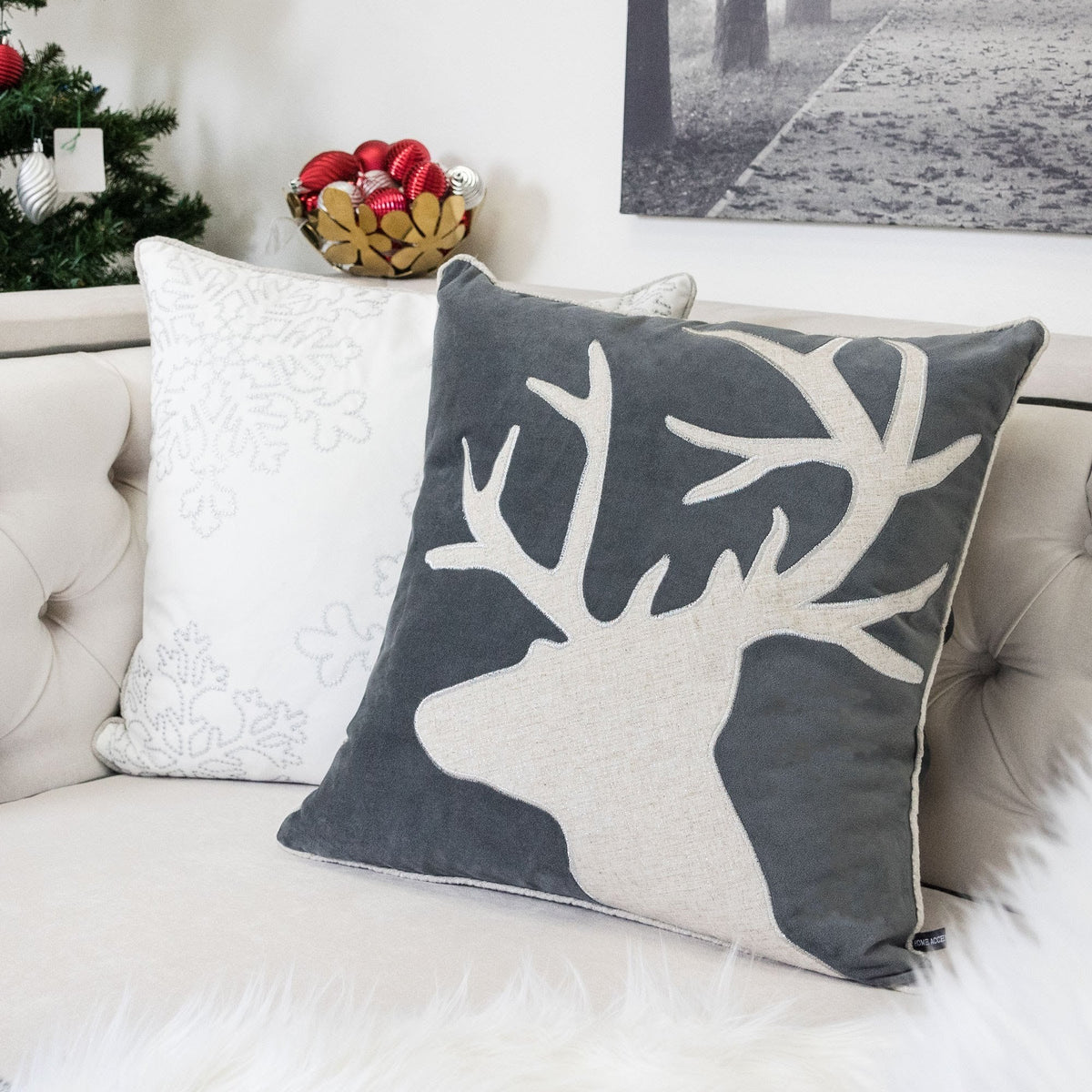 Holiday Reindeer Velvet Accent Pillow with White Appliqué - Gray and White, photo 2 of 7