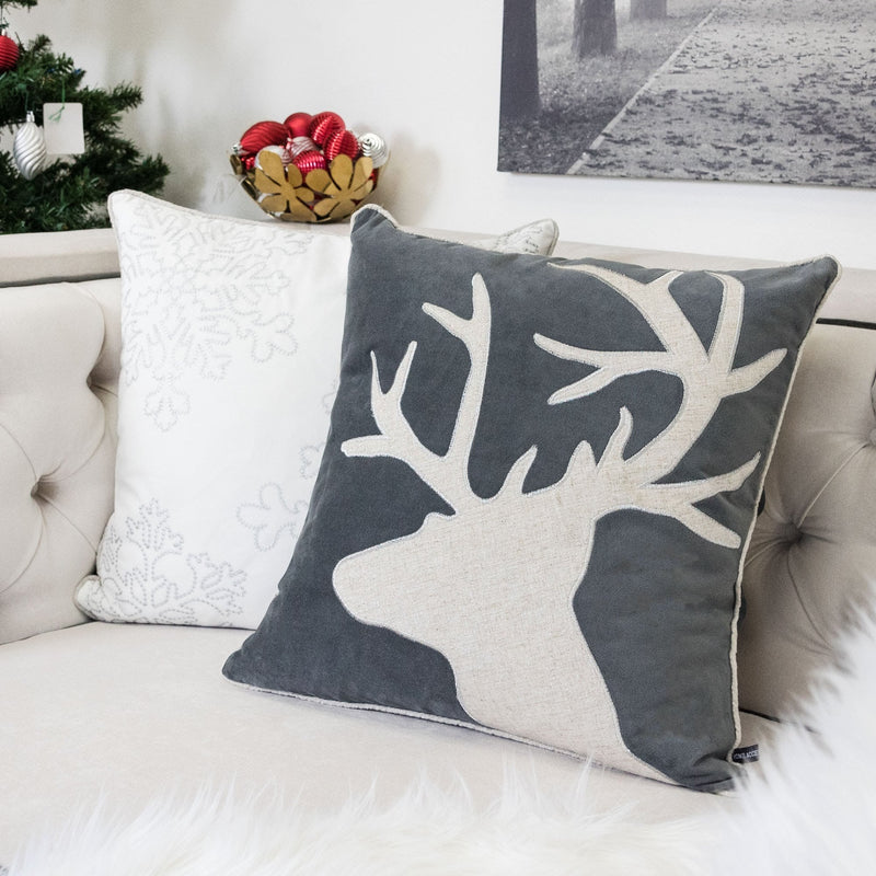 Holiday Reindeer Velvet Accent Pillow with White Appliqué - Gray and White, photo 2 of 7