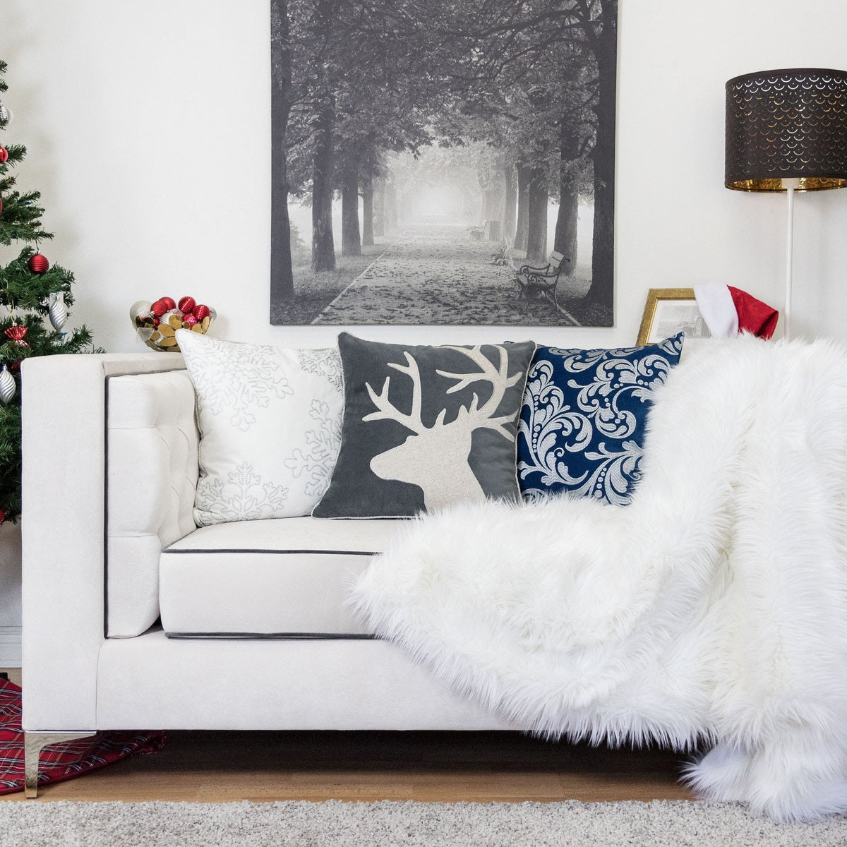 Holiday Reindeer Velvet Accent Pillow with White Appliqué - Gray and White, photo 3 of 7