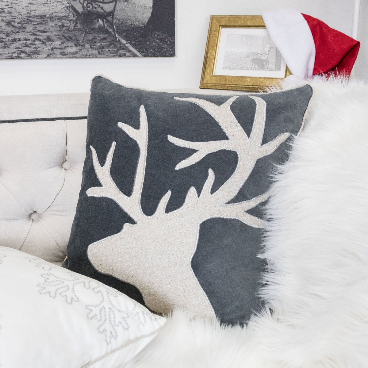 Holiday Reindeer Velvet Accent Pillow with White Appliqué - Gray and White, photo 5 of 7