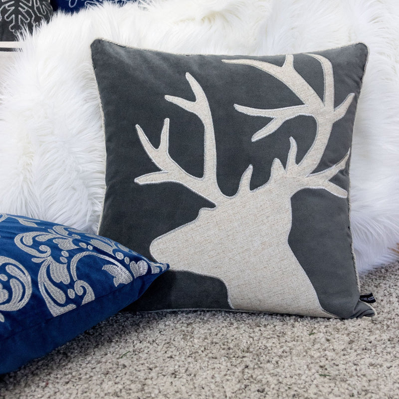 Holiday Reindeer Velvet Accent Pillow with White Appliqué - Gray and White, photo 6 of 7