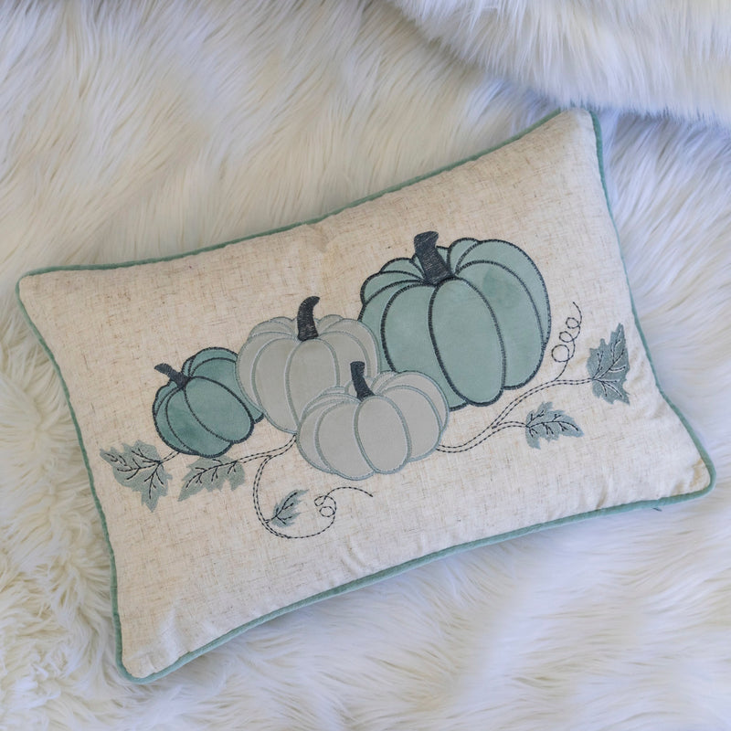 Pastel Harvest Lumbar Pillow with Embroidered Fall Accents – Misty Blue, photo 2 of 5