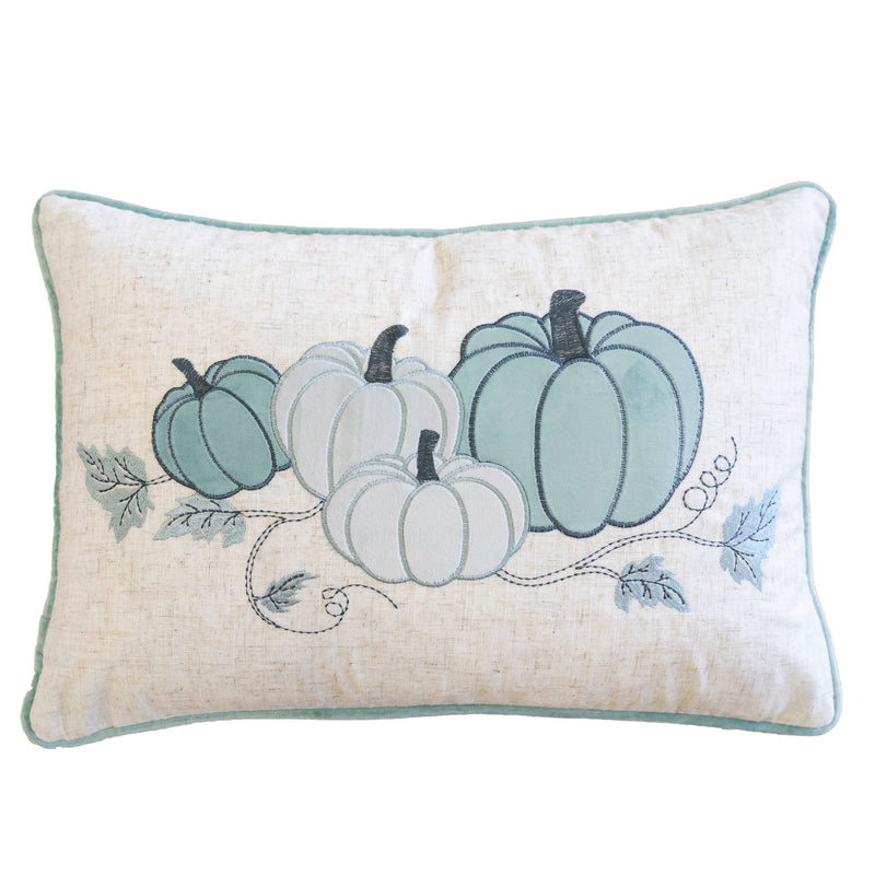 Pastel Harvest Lumbar Pillow with Embroidered Fall Accents – Misty Blue, photo 4 of 5