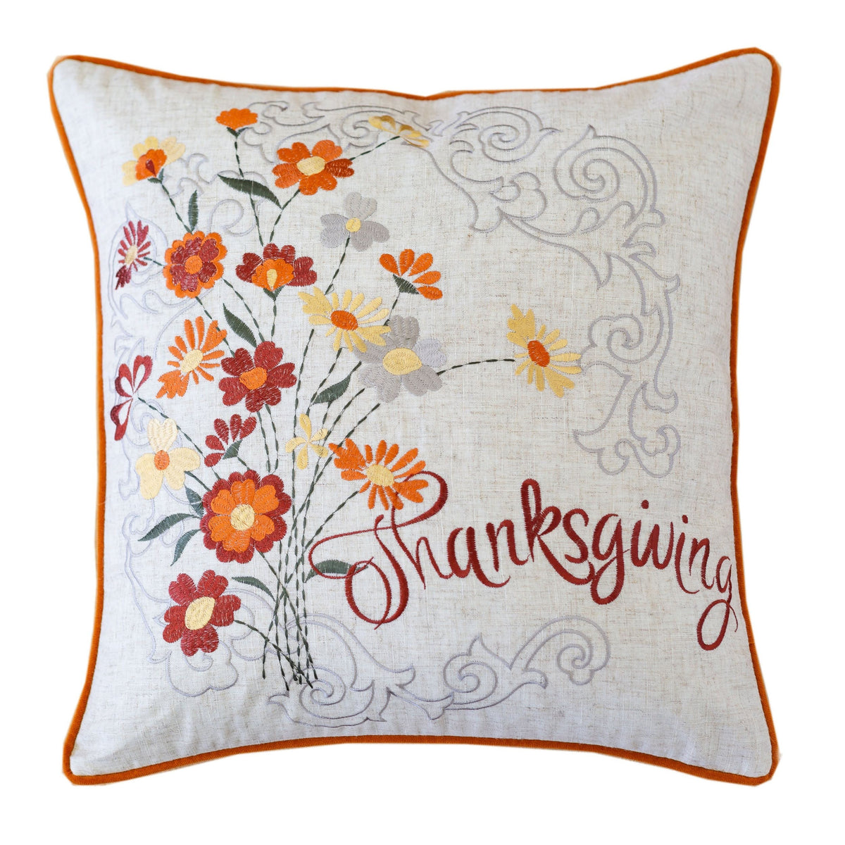 Thanksgiving Embroidered Floral Throw Pillow with Fall Floral Embroidery - Autumn Colors, photo 2 of 7