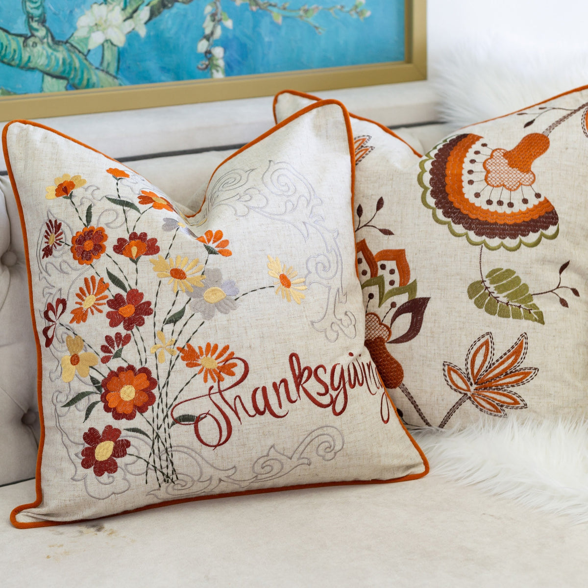 Thanksgiving Embroidered Floral Throw Pillow with Fall Floral Embroidery - Autumn Colors, photo 7 of 7