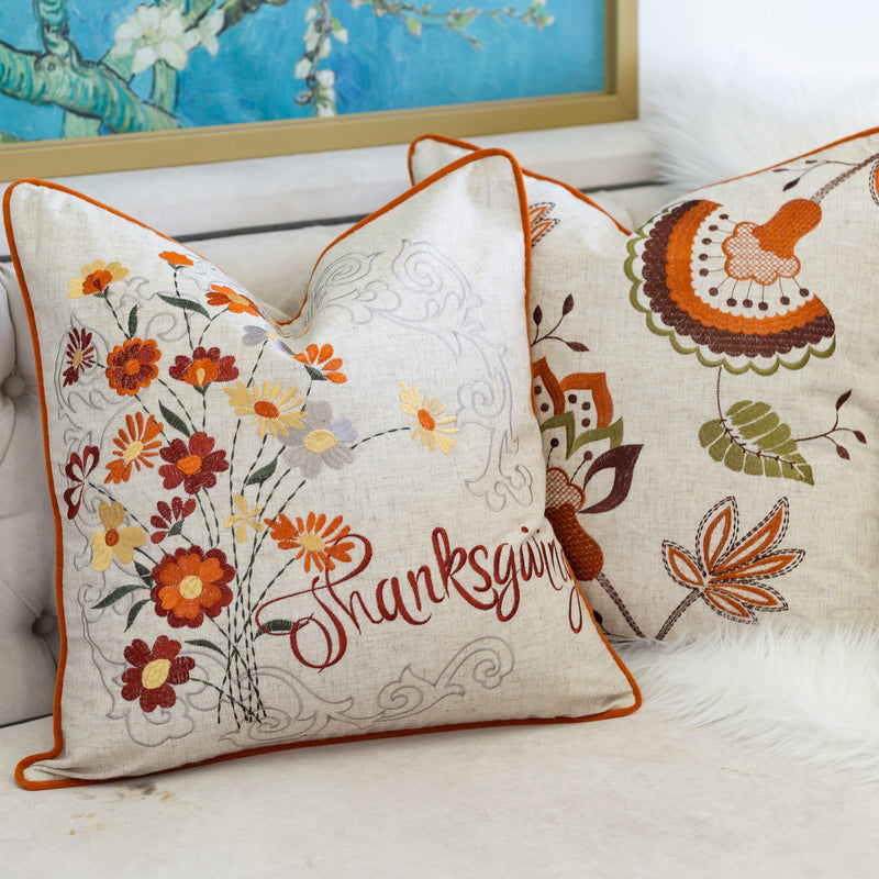 Thanksgiving Embroidered Floral Throw Pillow with Fall Floral Embroidery - Autumn Colors, photo 7 of 7