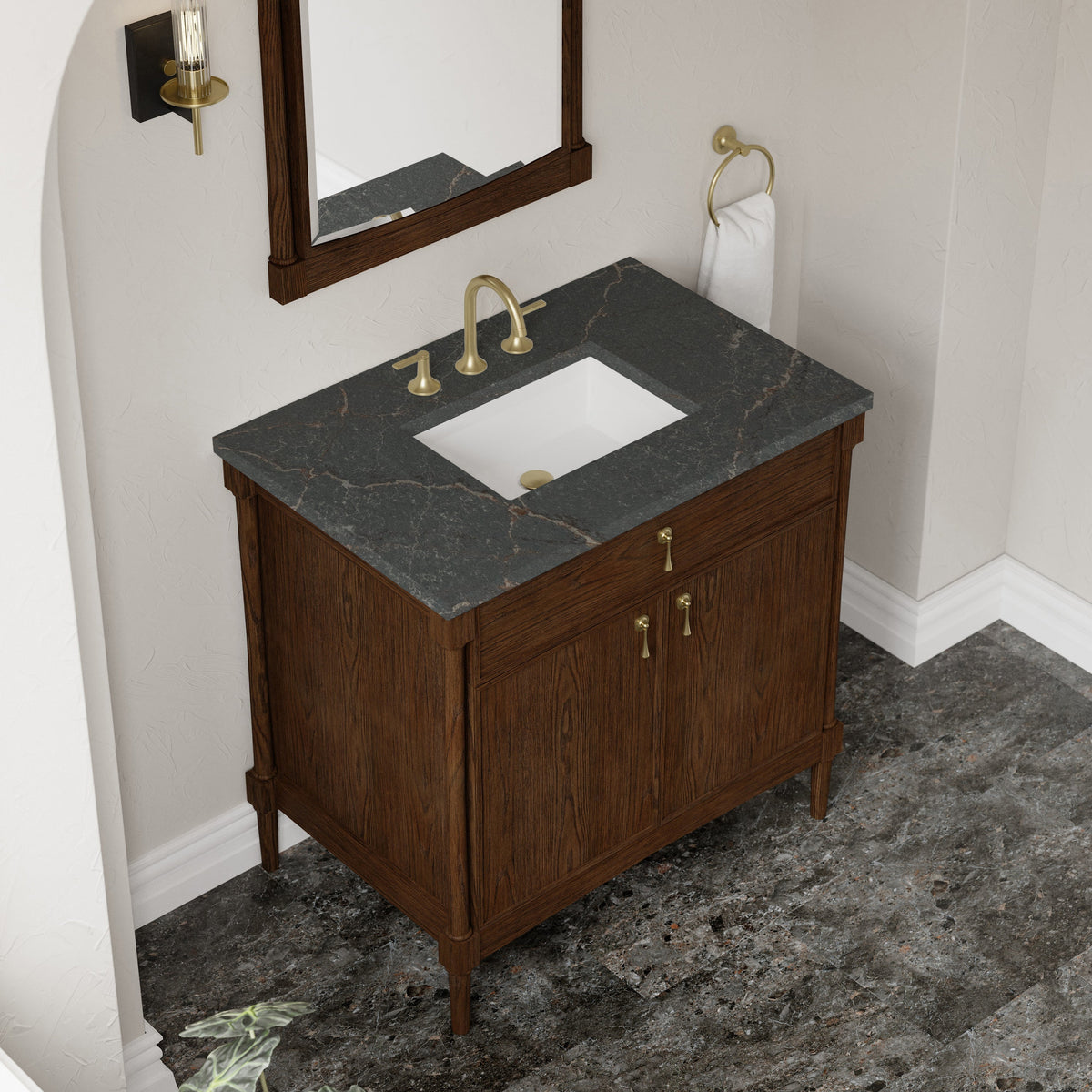 James Martin Kinnsden 36" Single Bathroom Vanity, Sable Oak with Parisien Bleu countertop