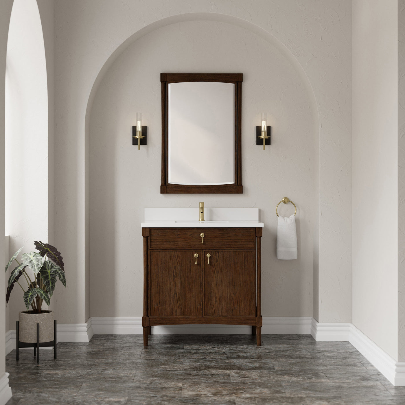 James Martin Kinnsden 36" Single Bathroom Vanity, Sable Oak with White Zeus (Single Hole) countertop
