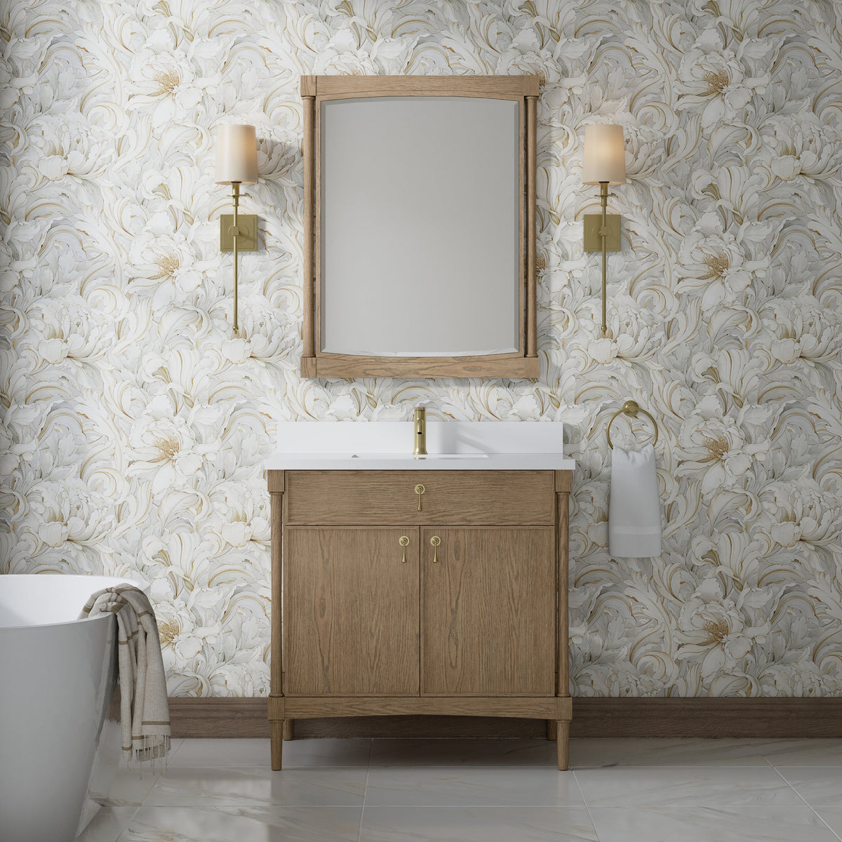 James Martin Kinnsden 36" Single Bathroom Vanity, Weathered Oak with White Zeus (Single Hole) countertop
