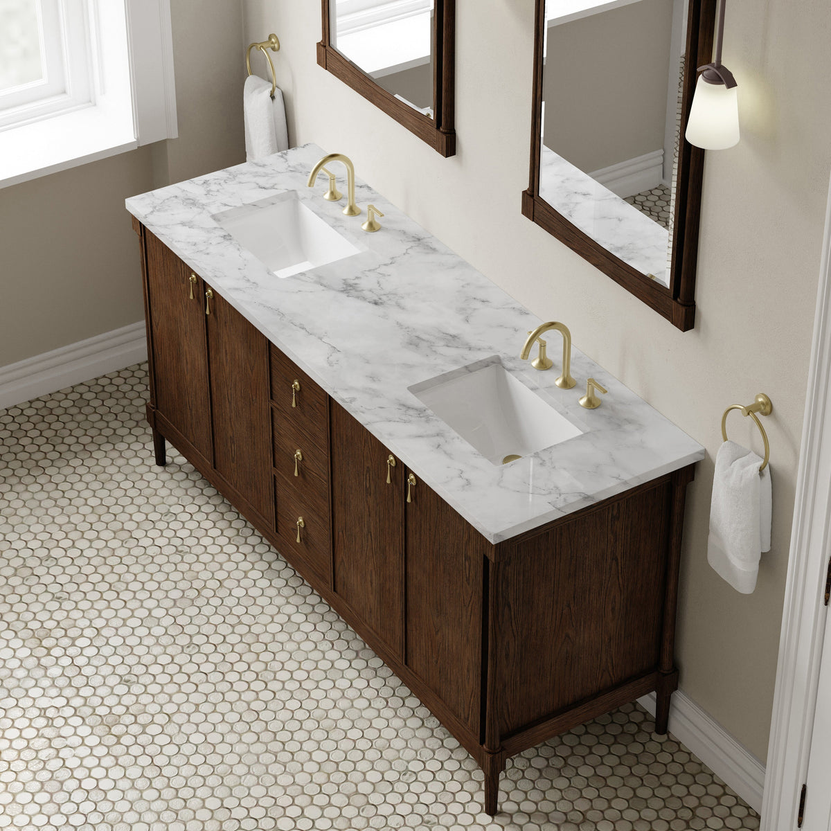 James Martin Kinnsden 72" Double Bathroom Vanity, Sable Oak with Carrara White countertop