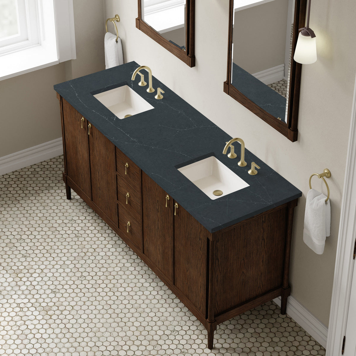 James Martin Kinnsden 72" Double Bathroom Vanity, Sable Oak with Charcoal Soapstone countertop