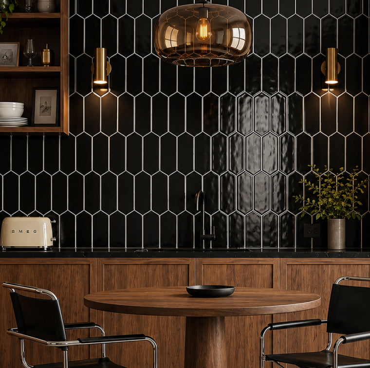 Kitchen backsplash tile behind a range with open shelving