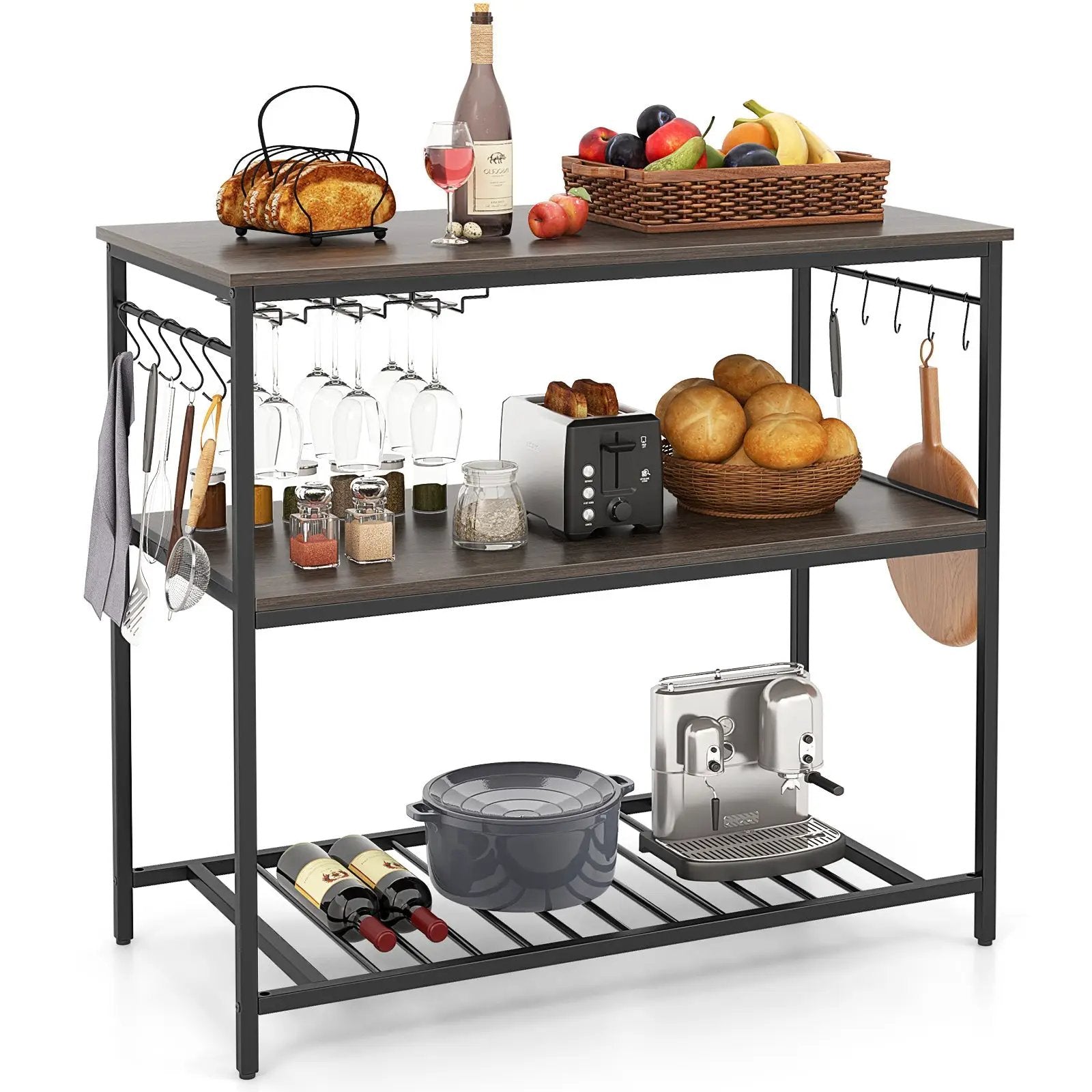 Kitchen Island with 3 Shelves Wine Glass Holders and 10 Hooks-Gray by DirectDeals