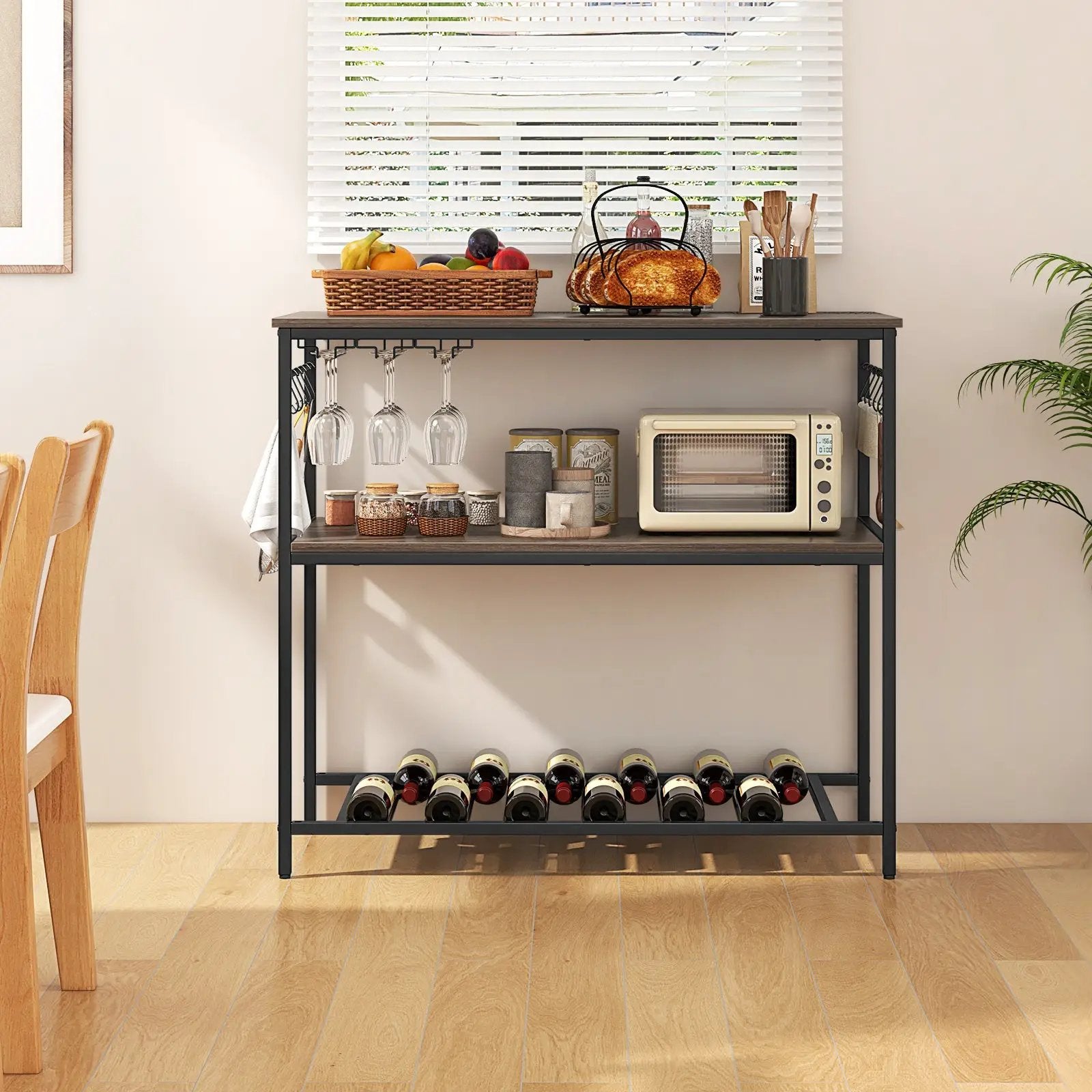 Kitchen Island with 3 Shelves Wine Glass Holders and 10 Hooks-Gray by DirectDeals