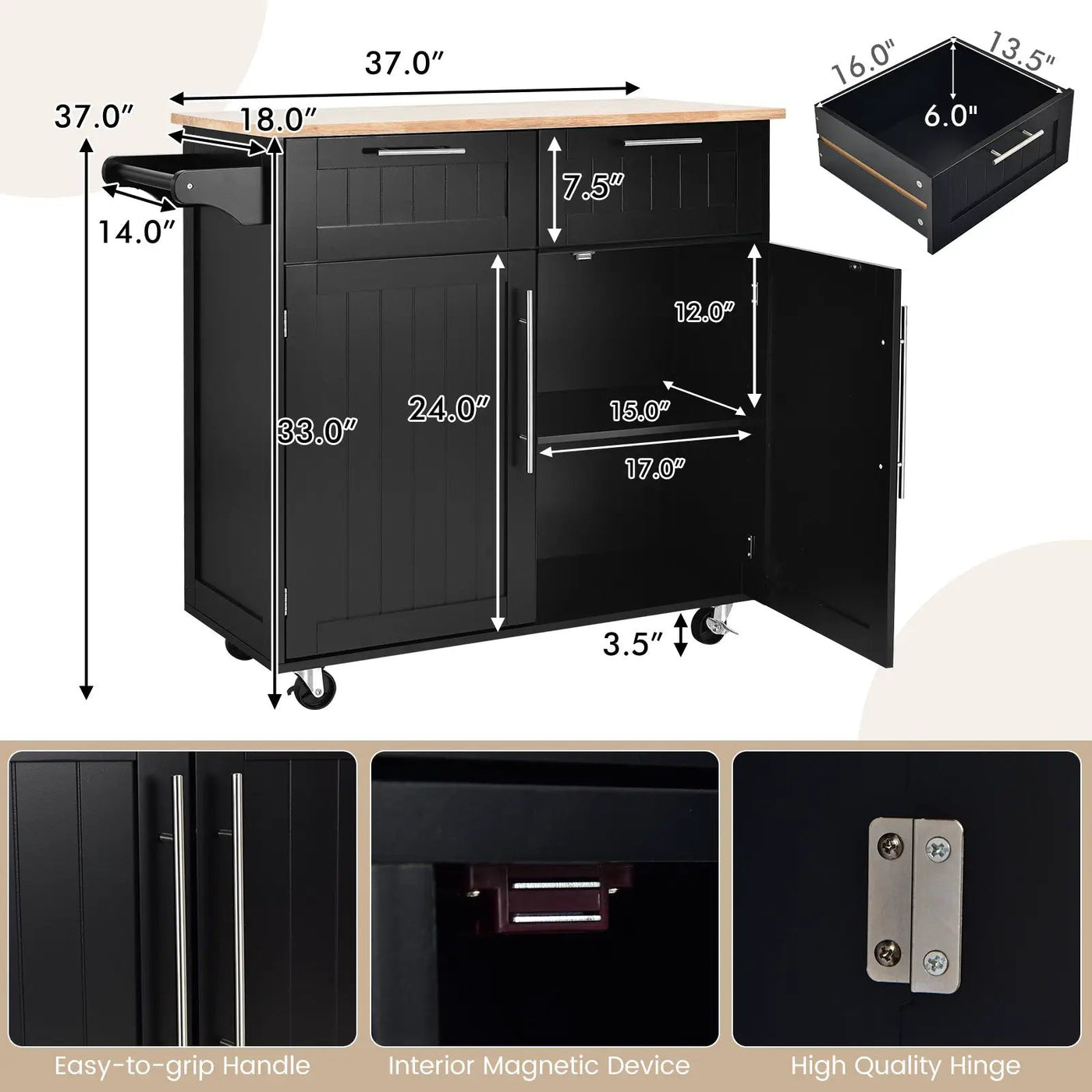 Heavy Duty Rolling Kitchen Cart with Tower Holder and Drawer by DirectDeals