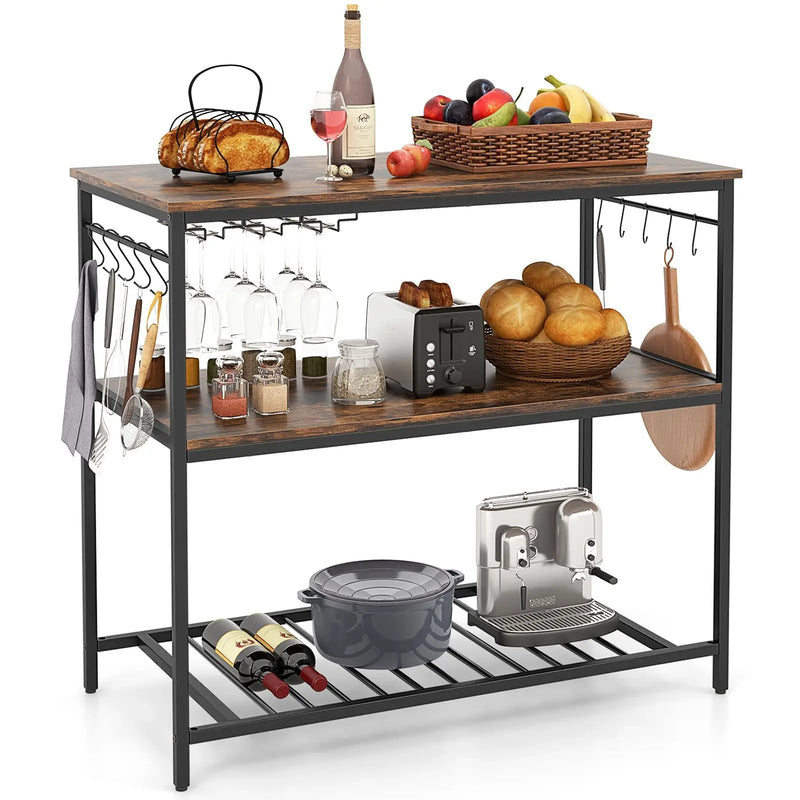 3 Shelves Kitchen Island Industrial Prep Table with Bottom Wine Rack-Rustic Brown by DirectDeals