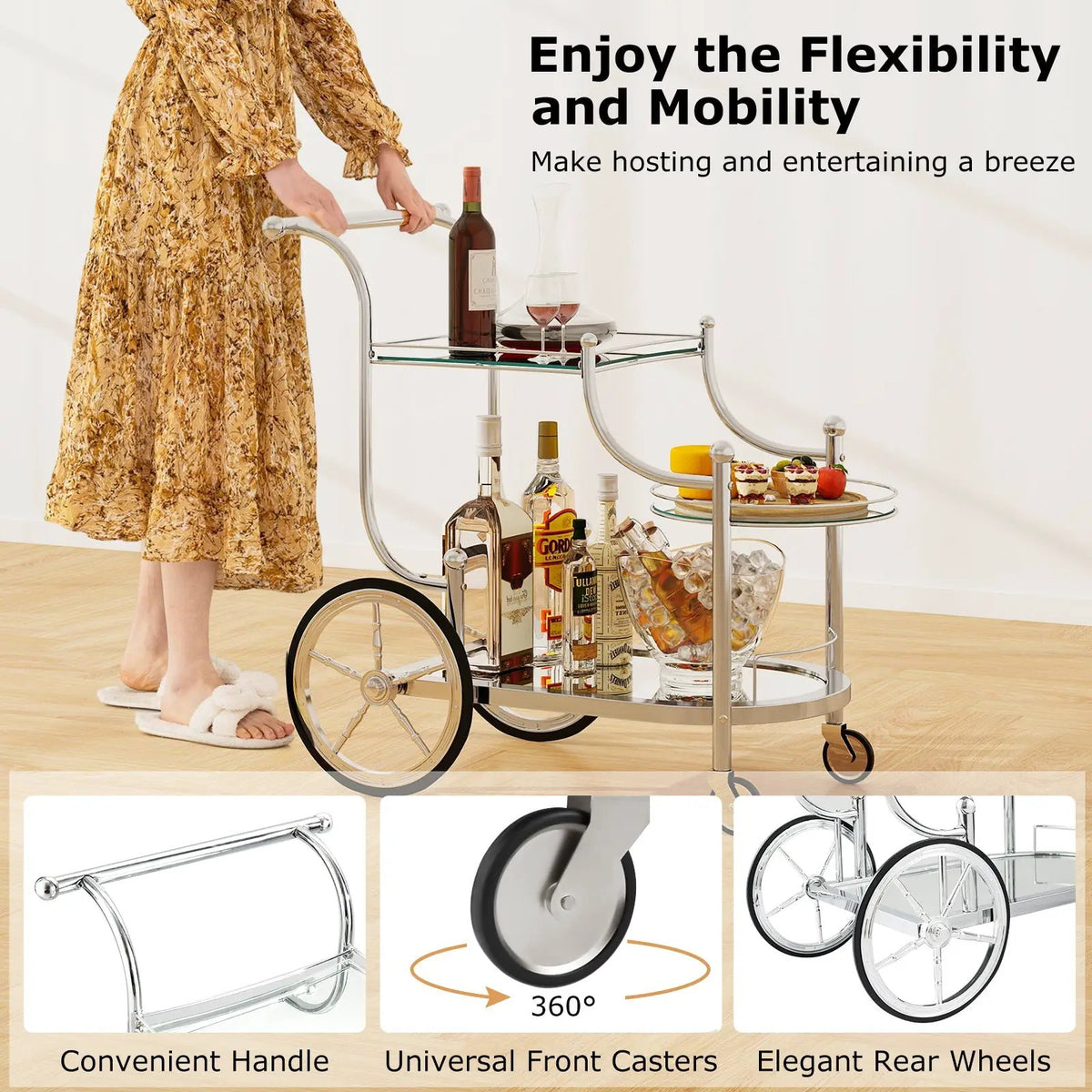 3-Tier Home Bar Serving Cart on Wheels with Mirrored Shelves by DirectDeals