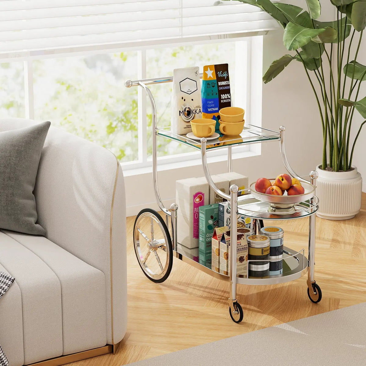 3-Tier Home Bar Serving Cart on Wheels with Mirrored Shelves by DirectDeals