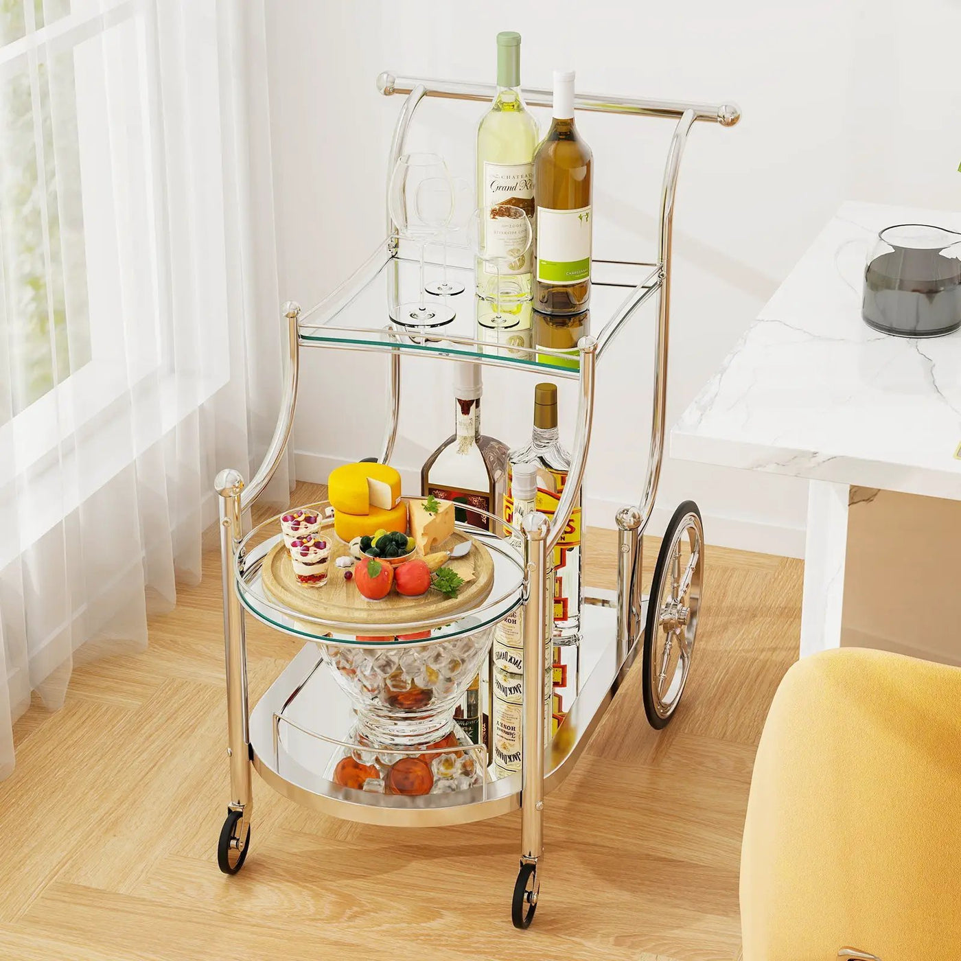 3-Tier Home Bar Serving Cart on Wheels with Mirrored Shelves by DirectDeals